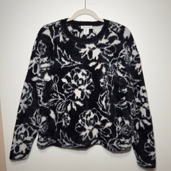 RACHEL ZOE Black White Fuzzy Floral Sweater Pullover Size M - Picture 1 of 3
